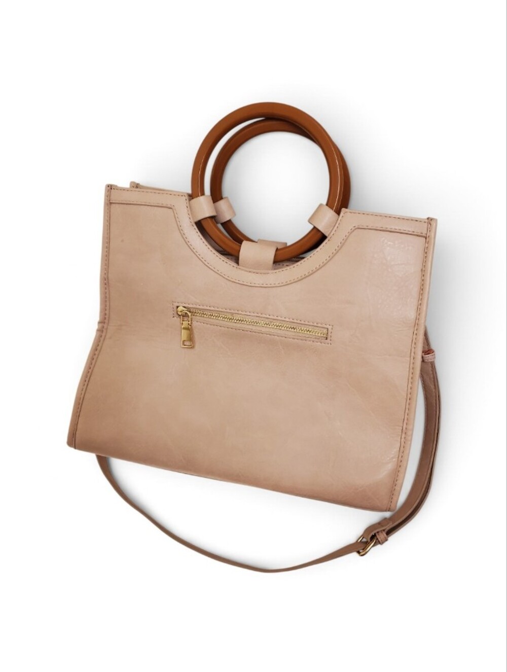 Moda Luxe Beige Woven Crossbody Tote with Wooden Ring Handles